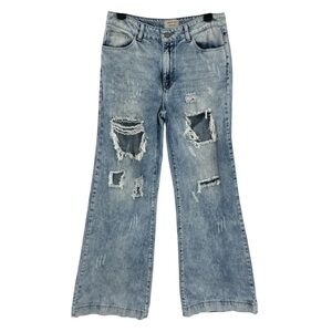 Litz by Uniq Rocker Distressed Wide Leg Jeans in an acid wash finish.